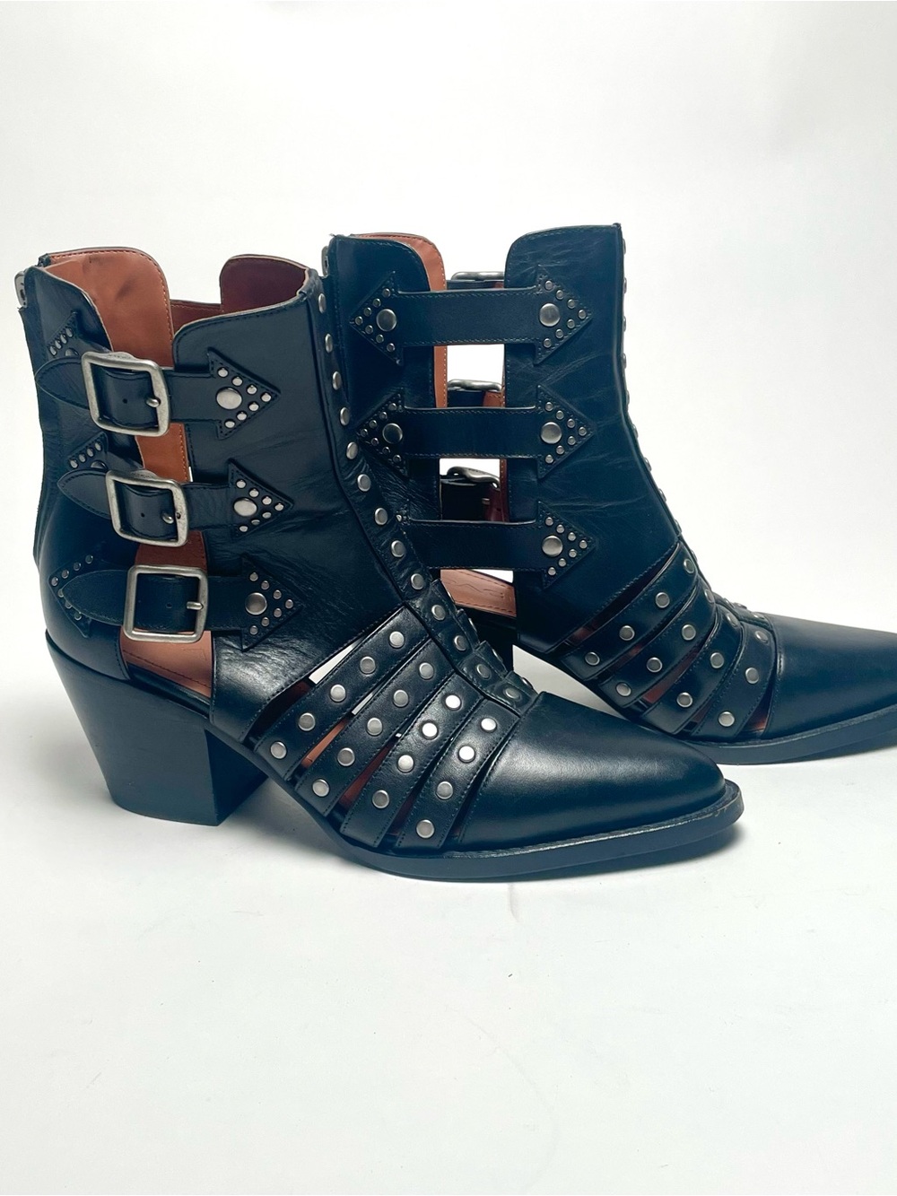 COACH Phoebe Black Leather Studded Cut-Out Ankle Boots Buckle Booties Size 7B - Picture 2 of 11